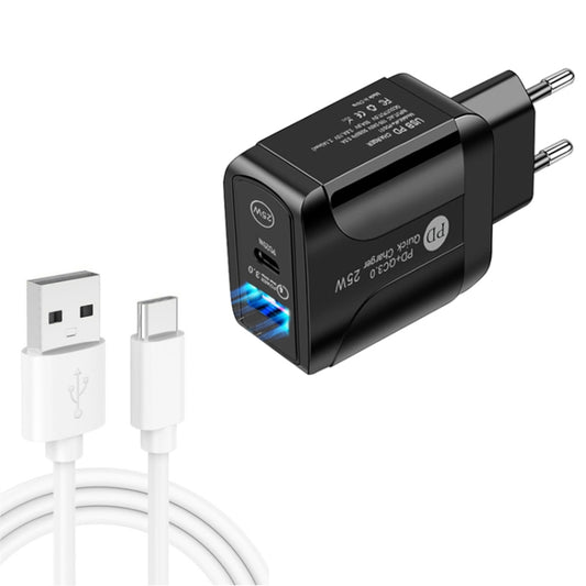 PD25W USB-C / Type-C + QC3.0 USB Dual Ports Fast Charger with USB to Type-C Data Cable, EU Plug(Black) - USB Charger by buy2fix | Online Shopping UK | buy2fix
