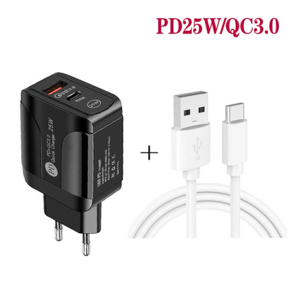 PD25W USB-C / Type-C + QC3.0 USB Dual Ports Fast Charger with USB to Type-C Data Cable, EU Plug(Black) - USB Charger by buy2fix | Online Shopping UK | buy2fix