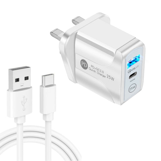 PD25W USB-C / Type-C + QC3.0 USB Dual Ports Fast Charger with USB to Type-C Data Cable, UK Plug(White) - USB Charger by buy2fix | Online Shopping UK | buy2fix