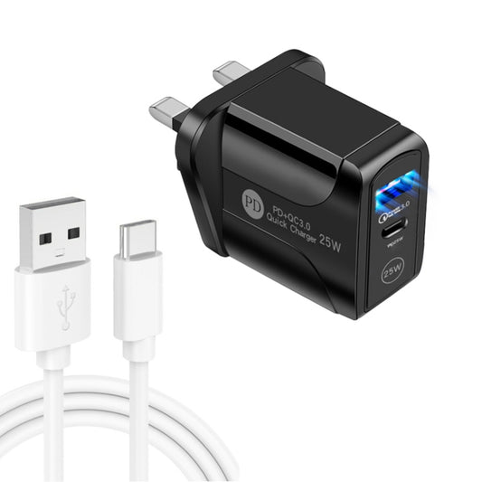 PD25W USB-C / Type-C + QC3.0 USB Dual Ports Fast Charger with USB to Type-C Data Cable, UK Plug(Black) - USB Charger by buy2fix | Online Shopping UK | buy2fix