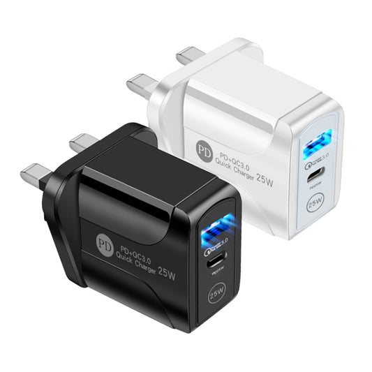 PD25W USB-C / Type-C + QC3.0 USB Dual Ports Fast Charger with USB to Type-C Data Cable, UK Plug(White) - USB Charger by buy2fix | Online Shopping UK | buy2fix