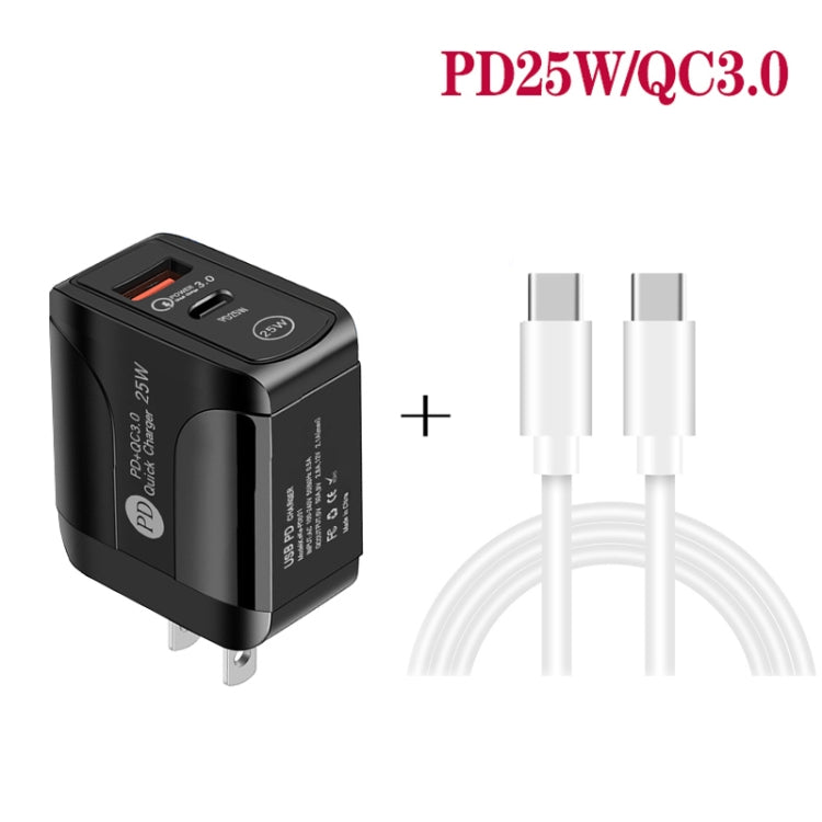 PD25W USB-C / Type-C + QC3.0 USB Dual Ports Fast Charger with USB-C to USB-C Data Cable, US Plug(Black) - USB Charger by buy2fix | Online Shopping UK | buy2fix