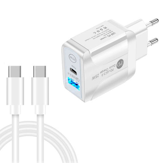 PD25W USB-C / Type-C + QC3.0 USB Dual Ports Fast Charger with USB-C to USB-C Data Cable, EU Plug(White) - USB Charger by buy2fix | Online Shopping UK | buy2fix