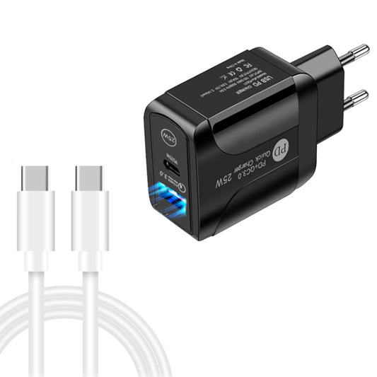 PD25W USB-C / Type-C + QC3.0 USB Dual Ports Fast Charger with USB-C to USB-C Data Cable, EU Plug(Black) - USB Charger by buy2fix | Online Shopping UK | buy2fix