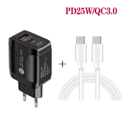 PD25W USB-C / Type-C + QC3.0 USB Dual Ports Fast Charger with USB-C to USB-C Data Cable, EU Plug(Black) - USB Charger by buy2fix | Online Shopping UK | buy2fix