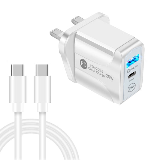 PD25W USB-C / Type-C + QC3.0 USB Dual Ports Fast Charger with USB-C to USB-C Data Cable, UK Plug(White) - USB Charger by buy2fix | Online Shopping UK | buy2fix