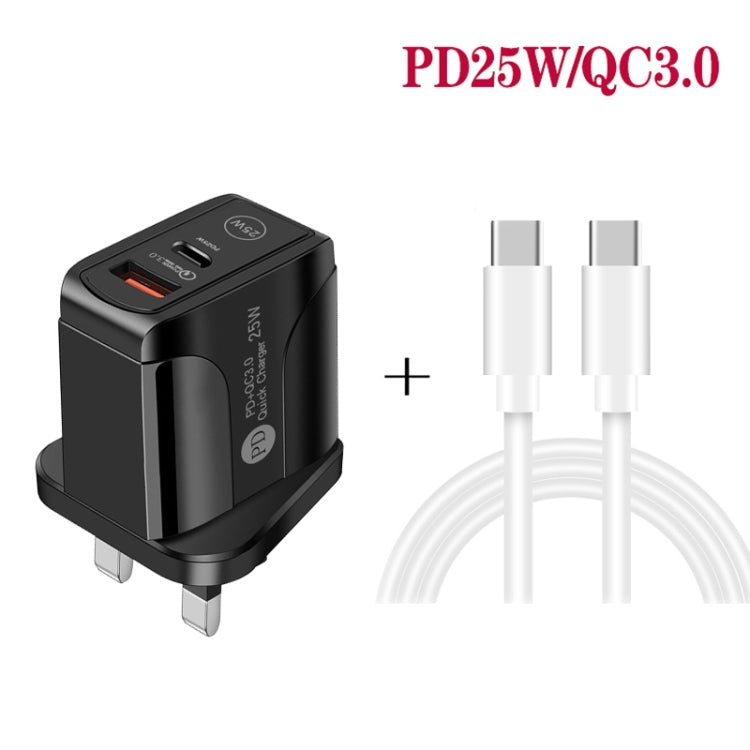 PD25W USB-C / Type-C + QC3.0 USB Dual Ports Fast Charger with USB-C to USB-C Data Cable, UK Plug(Black) - USB Charger by buy2fix | Online Shopping UK | buy2fix
