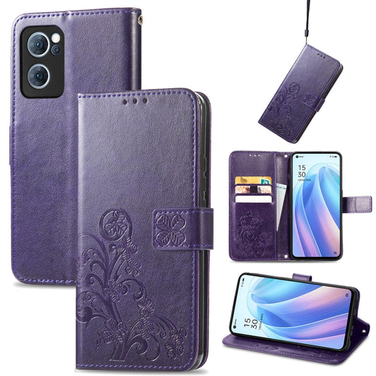 For OPPO Reno7 5G Four-leaf Clasp Embossed Buckle Leather Phone Case(Purple) by buy2fix