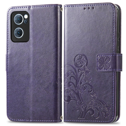 For OPPO Reno7 5G Four-leaf Clasp Embossed Buckle Leather Phone Case(Purple) by buy2fix