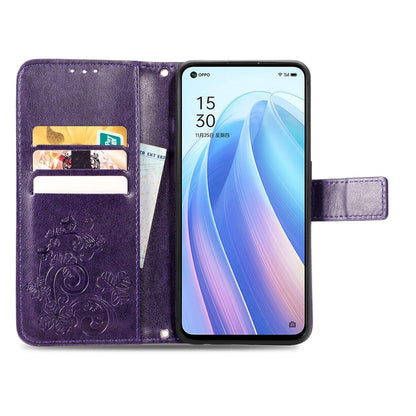 For OPPO Reno7 5G Four-leaf Clasp Embossed Buckle Leather Phone Case(Purple) by buy2fix