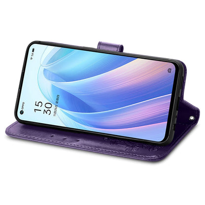 For OPPO Reno7 5G Four-leaf Clasp Embossed Buckle Leather Phone Case(Purple) by buy2fix
