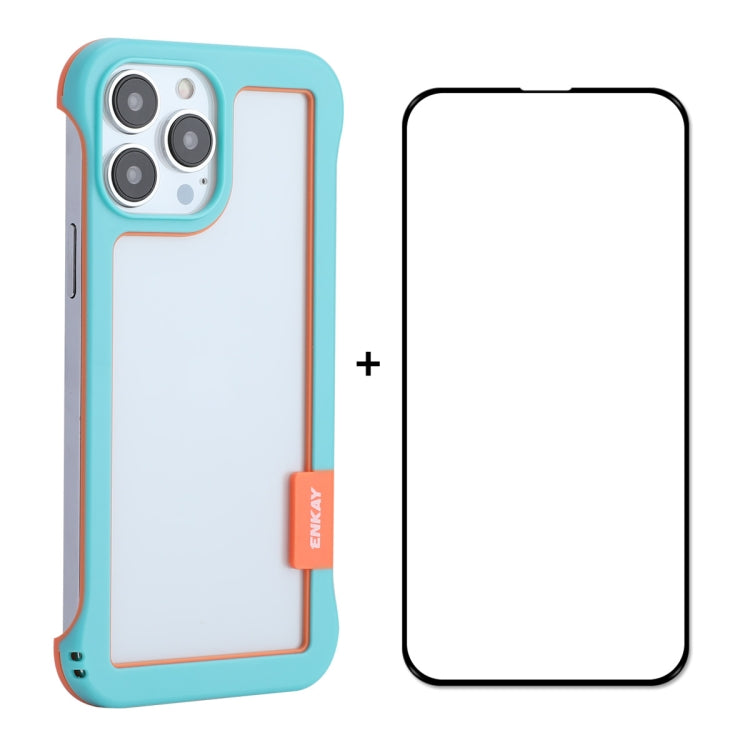 For iPhone 13 Pro Max ENKAY Frameless Hollow PC Case + Glass Film (Blue) by ENKAY