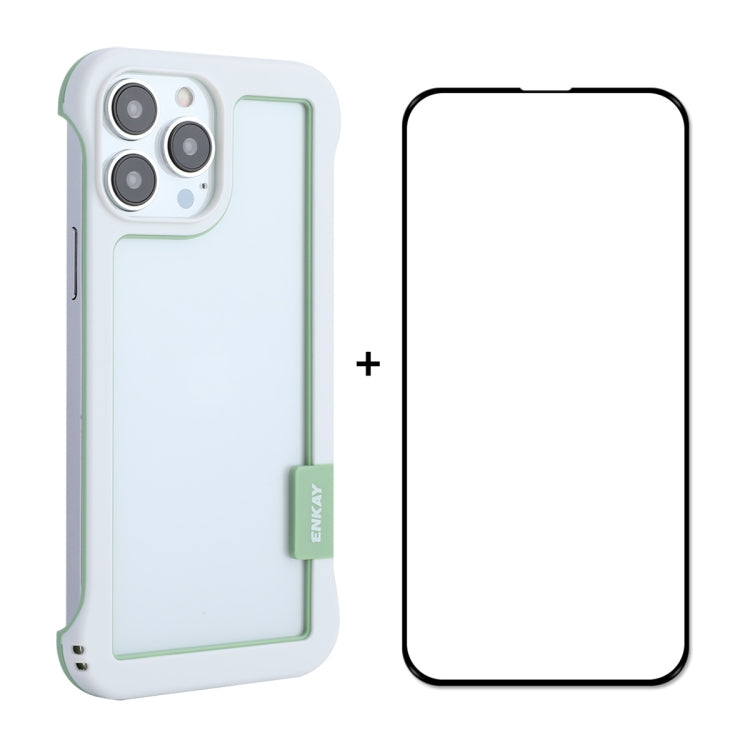 For iPhone 13 Pro Max ENKAY Frameless Hollow PC Case + Glass Film (White) by ENKAY