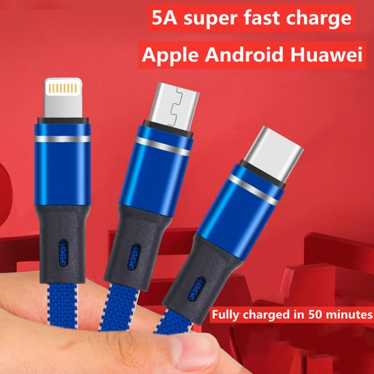 XJ-76 40W 5A 3 in 1 USB to 8 Pin + Type-C + Micro USB Super Flash Charging Cable, Length: 1.18m(Blue) by buy2fix