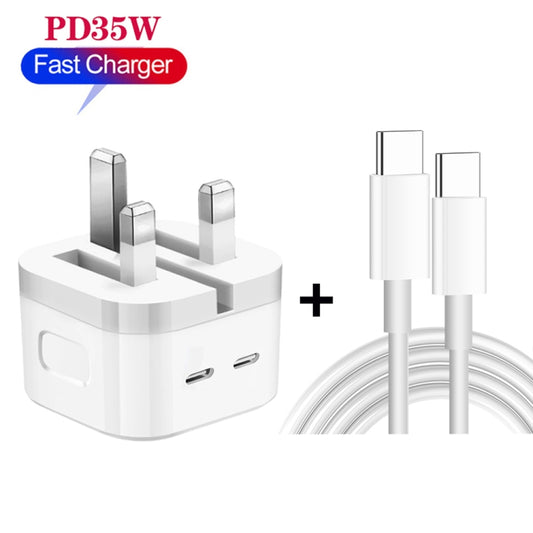 PD 35W Dual USB-C / Type-C Ports Charger with 2m Type-C to Type-C Data Cable, UK Plug - USB Charger by buy2fix | Online Shopping UK | buy2fix