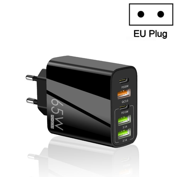 65W Dual PD Type-C + 3 x USB Multi Port Charger for Phone and Tablet PC, EU Plug(Black) - USB Charger by buy2fix | Online Shopping UK | buy2fix