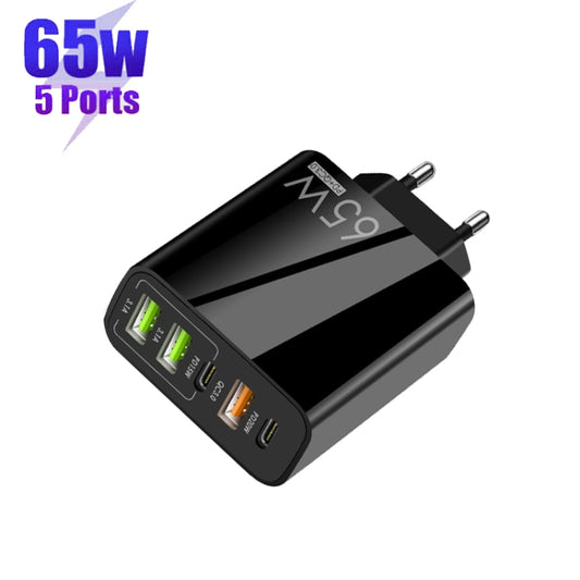 65W Dual PD Type-C + 3 x USB Multi Port Charger for Phone and Tablet PC, EU Plug(Black) - USB Charger by buy2fix | Online Shopping UK | buy2fix