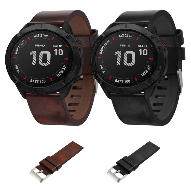 For Garmin Fenix 6X Sapphire 26mm Leather Steel Buckle Watch Band(Brown) - Watch Bands by buy2fix | Online Shopping UK | buy2fix