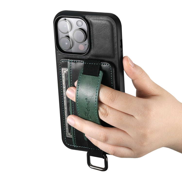 For iPhone 14 Suteni H13 Card Wallet Wrist Strap Holder PU Phone Case(Black) - iPhone 14 Cases by Suteni | Online Shopping UK | buy2fix
