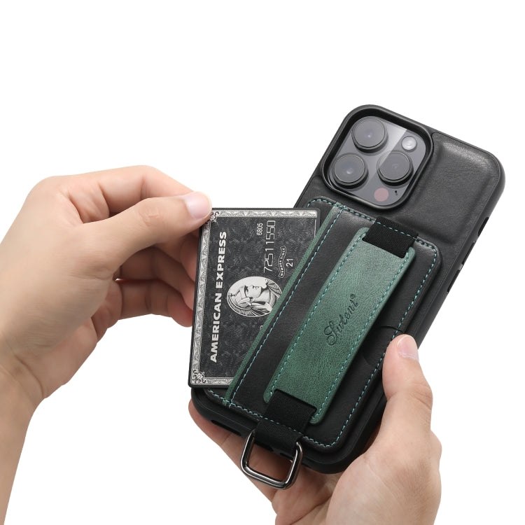 For iPhone 14 Suteni H13 Card Wallet Wrist Strap Holder PU Phone Case(Black) - iPhone 14 Cases by Suteni | Online Shopping UK | buy2fix
