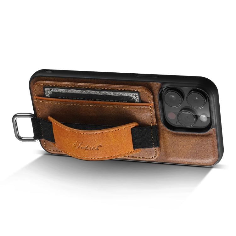For iPhone 14 Suteni H13 Card Wallet Wrist Strap Holder PU Phone Case(Brown) - iPhone 14 Cases by Suteni | Online Shopping UK | buy2fix