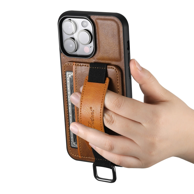 For iPhone 14 Suteni H13 Card Wallet Wrist Strap Holder PU Phone Case(Brown) - iPhone 14 Cases by Suteni | Online Shopping UK | buy2fix