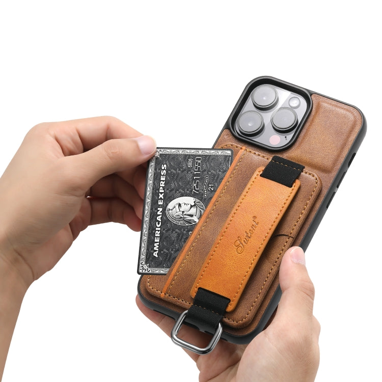 For iPhone 14 Suteni H13 Card Wallet Wrist Strap Holder PU Phone Case(Brown) - iPhone 14 Cases by Suteni | Online Shopping UK | buy2fix