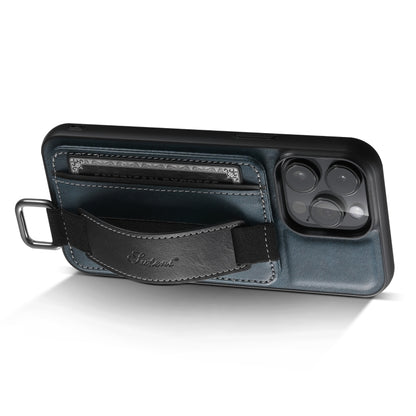 For iPhone 14 Suteni H13 Card Wallet Wrist Strap Holder PU Phone Case(Blue) - iPhone 14 Cases by Suteni | Online Shopping UK | buy2fix