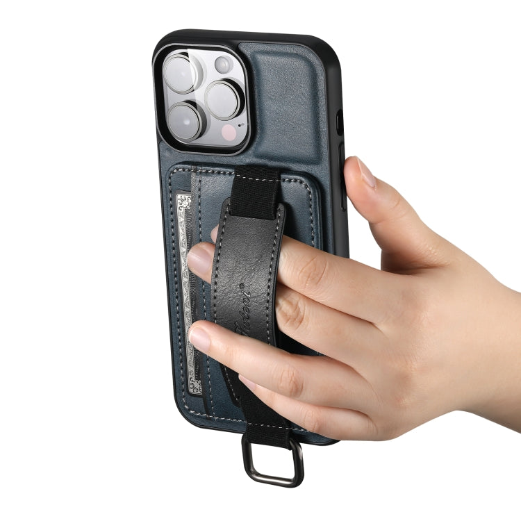 For iPhone 14 Suteni H13 Card Wallet Wrist Strap Holder PU Phone Case(Blue) - iPhone 14 Cases by Suteni | Online Shopping UK | buy2fix