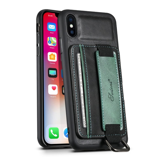 Suteni H13 Card Wallet Wrist Strap Holder PU Phone Case For iPhone X / XS(Black) - More iPhone Cases by Suteni | Online Shopping UK | buy2fix