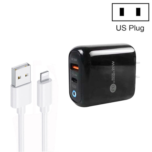 PD04 Type-C + USB Mobile Phone Charger with USB to 8 Pin Cable, US Plug(Black) by buy2fix