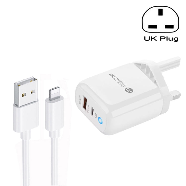 PD04 Type-C + USB Mobile Phone Charger with USB to 8 Pin Cable, UK Plug(White) by buy2fix