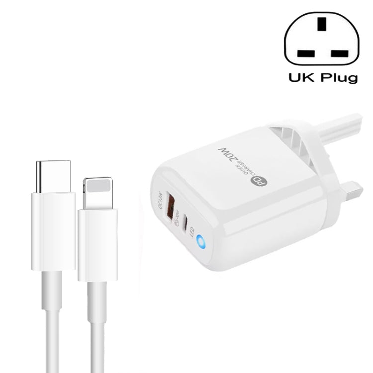 PD04 Type-C + USB Mobile Phone Charger with Type-C to 8 Pin Cable, UK Plug(White) by buy2fix