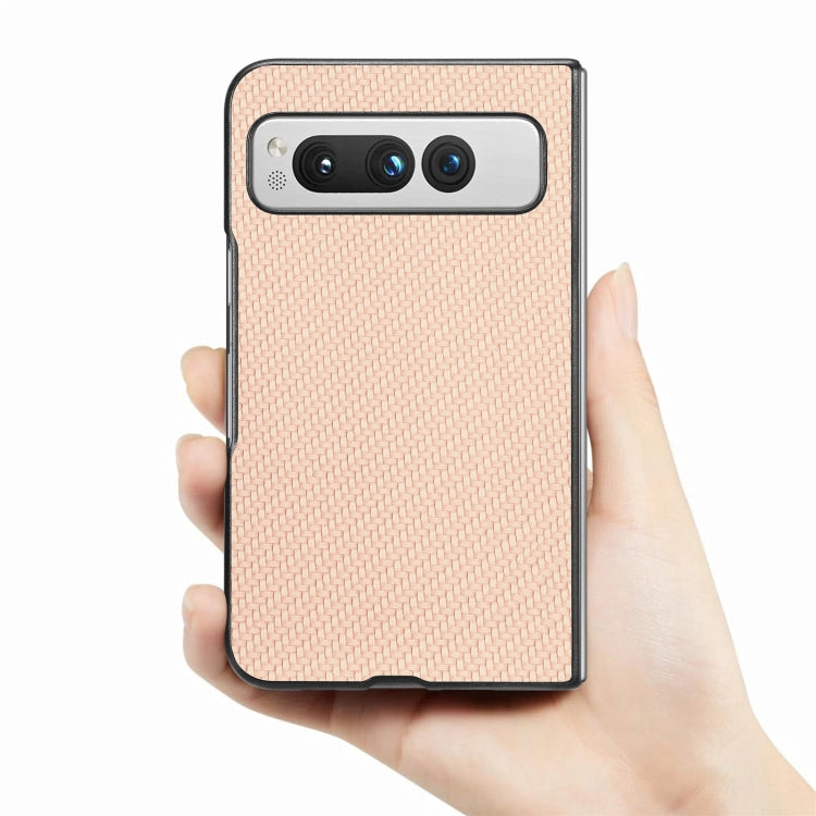 For Google Pixel Fold Carbon Fiber Texture Leather Back Cover Phone Case(Khaki) by buy2fix