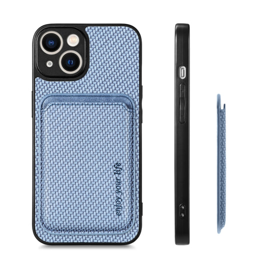 For iPhone 13 Carbon Fiber Leather Card Magsafe Magnetic Phone Case(Blue) by buy2fix