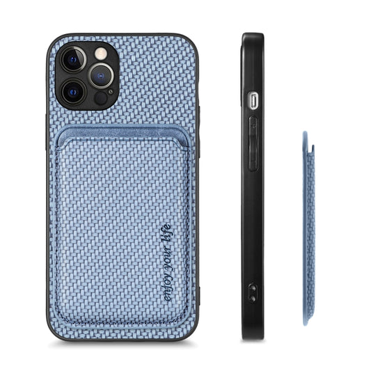 For iPhone 12 Pro Carbon Fiber Leather Card Magsafe Magnetic Phone Case(Blue) by buy2fix