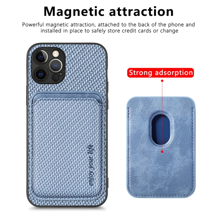 For iPhone 12 Pro Carbon Fiber Leather Card Magsafe Magnetic Phone Case(Blue) by buy2fix