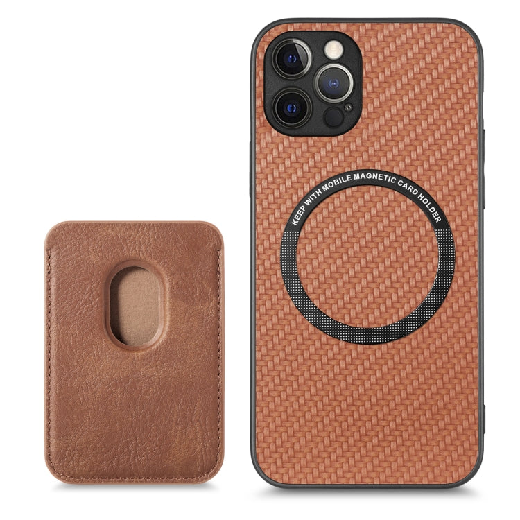 For iPhone 12 Pro Carbon Fiber Leather Card Magsafe Magnetic Phone Case(Brown) by buy2fix