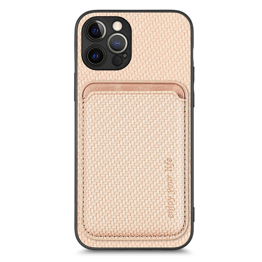 For iPhone 12 Pro Carbon Fiber Leather Card Magsafe Magnetic Phone Case(Khaki) by buy2fix