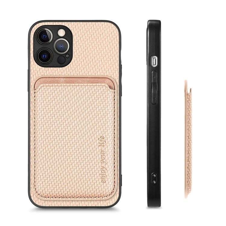 For iPhone 12 Pro Carbon Fiber Leather Card Magsafe Magnetic Phone Case(Khaki) by buy2fix