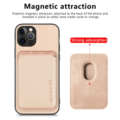 For iPhone 12 Pro Carbon Fiber Leather Card Magsafe Magnetic Phone Case(Khaki) by buy2fix