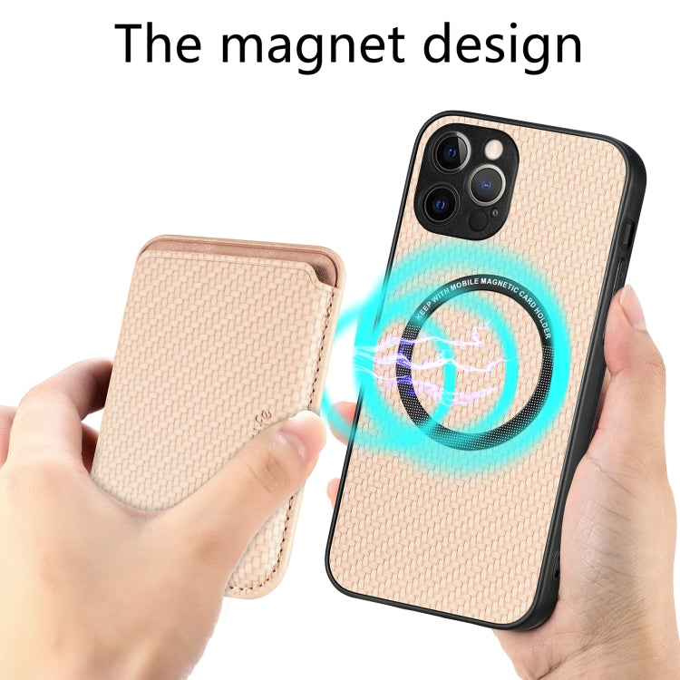 For iPhone 12 Pro Carbon Fiber Leather Card Magsafe Magnetic Phone Case(Khaki) by buy2fix