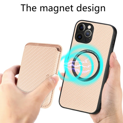 For iPhone 12 Pro Carbon Fiber Leather Card Magsafe Magnetic Phone Case(Khaki) by buy2fix