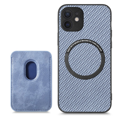 For iPhone 12 Carbon Fiber Leather Card Magsafe Magnetic Phone Case(Blue) by buy2fix