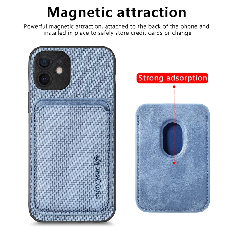 For iPhone 12 Carbon Fiber Leather Card Magsafe Magnetic Phone Case(Blue) by buy2fix