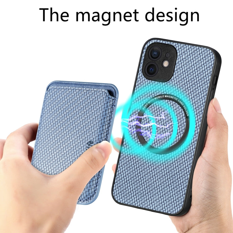 For iPhone 12 Carbon Fiber Leather Card Magsafe Magnetic Phone Case(Blue) by buy2fix