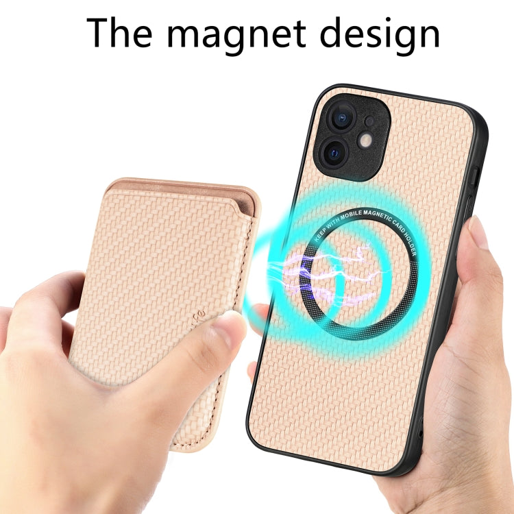 For iPhone 12 Carbon Fiber Leather Card Magsafe Magnetic Phone Case(Khaki) by buy2fix