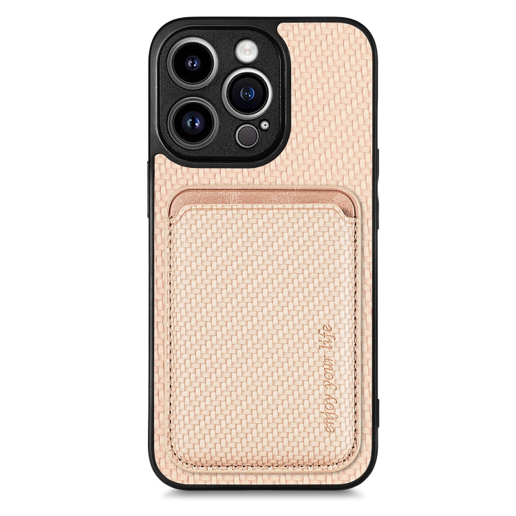 For iPhone 13 Pro Carbon Fiber Leather Card Magsafe Magnetic Phone Case(Khaki) by buy2fix