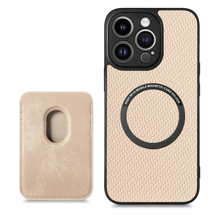 For iPhone 13 Pro Carbon Fiber Leather Card Magsafe Magnetic Phone Case(Khaki) by buy2fix