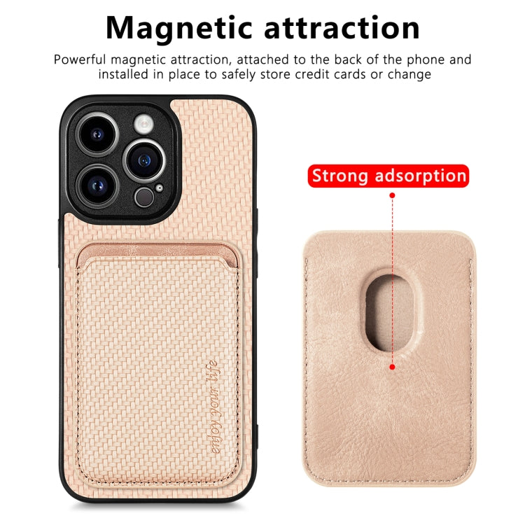For iPhone 13 Pro Carbon Fiber Leather Card Magsafe Magnetic Phone Case(Khaki) by buy2fix